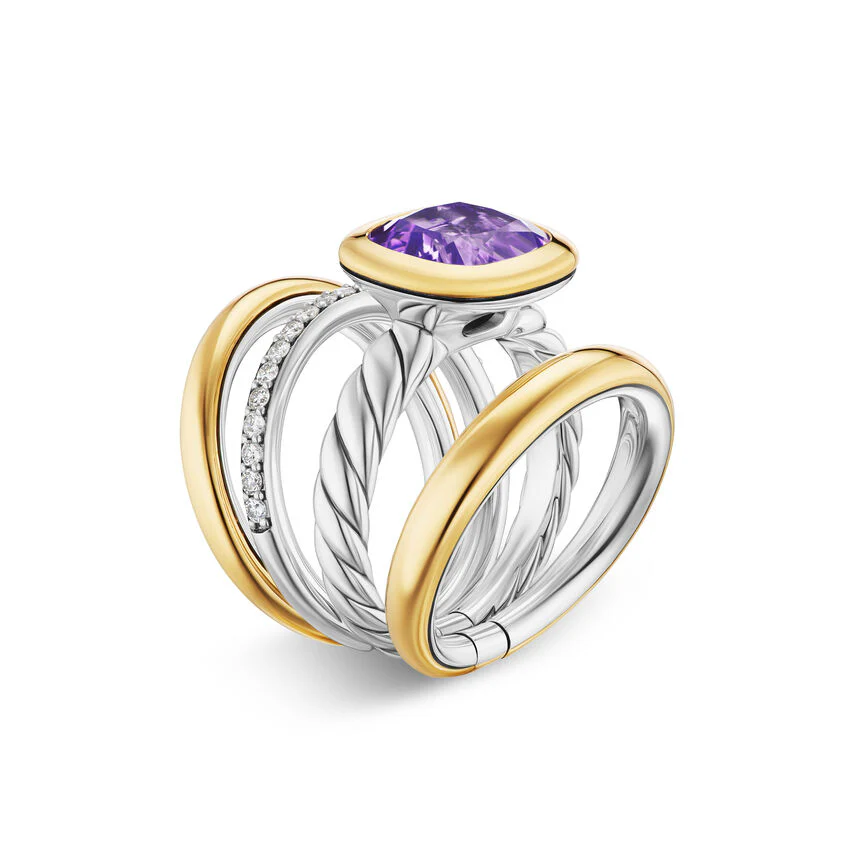 DY Mercer Four Row Stone Ring in Sterling Silver with 18K Yellow Gold, Amethyst and Diamonds, 14mm, Size 7 - Image 3