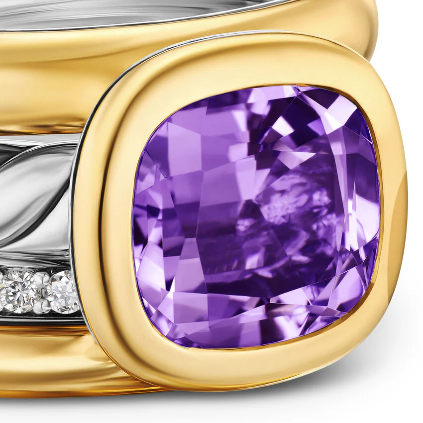 DY Mercer Four Row Stone Ring in Sterling Silver with 18K Yellow Gold, Amethyst and Diamonds, 14mm, Size 7 - Image 4