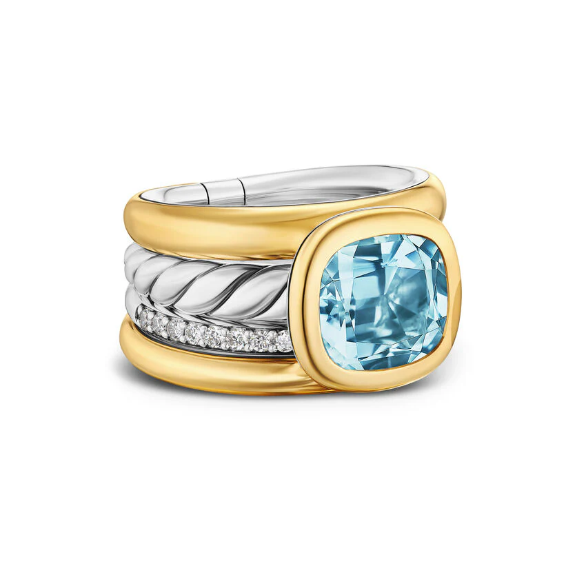 DY Mercer Four Row Stone Ring in Sterling Silver with 18K Yellow Gold, Sky Blue Topaz and Diamonds, 14mm, Size 7