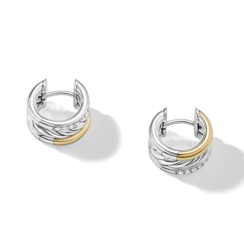 DY Mercer Huggie Hoop Earrings in Sterling Silver with 18K Yellow Gold and Pavé Diamonds - Image 2