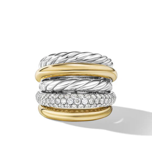 DY Mercer Multi Row Ring in Sterling Silver with 18K Yellow Gold and Diamonds, Size 8 - Image 3