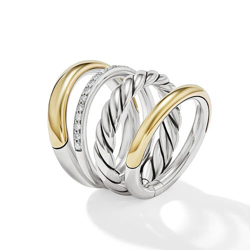 DY Mercer Multi Row Ring in Sterling Silver with 18K Yellow Gold and Pavé Diamonds, Size 6 - Image 2
