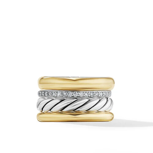 DY Mercer Multi Row Ring in Sterling Silver with 18K Yellow Gold and Pavé Diamonds, Size 6 - Image 3