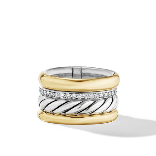 DY Mercer Multi Row Ring in Sterling Silver with 18K Yellow Gold and Pavé Diamonds, Size 8