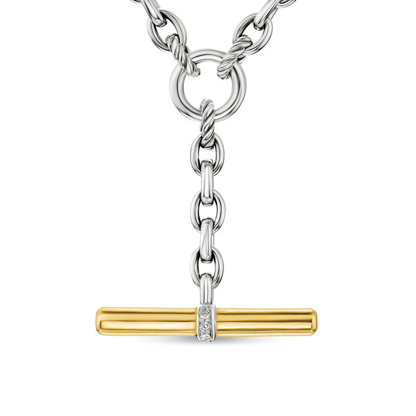 DY Mercer Petite Toggle Chain Necklace in Sterling Silver and 18K Yellow Gold with Diamonds, 4.5mm, 18"