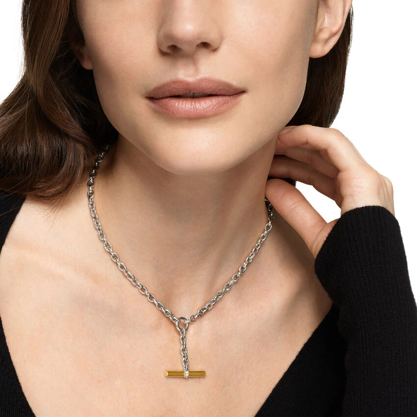 DY Mercer Petite Toggle Chain Necklace in Sterling Silver and 18K Yellow Gold with Diamonds, 4.5mm, 18" - Image 4