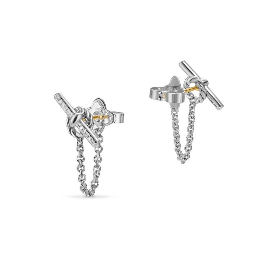 DY Mercer Petite Toggle Chain Stud Earrings in Sterling Silver with Diamonds, 38.2mm - Image 2