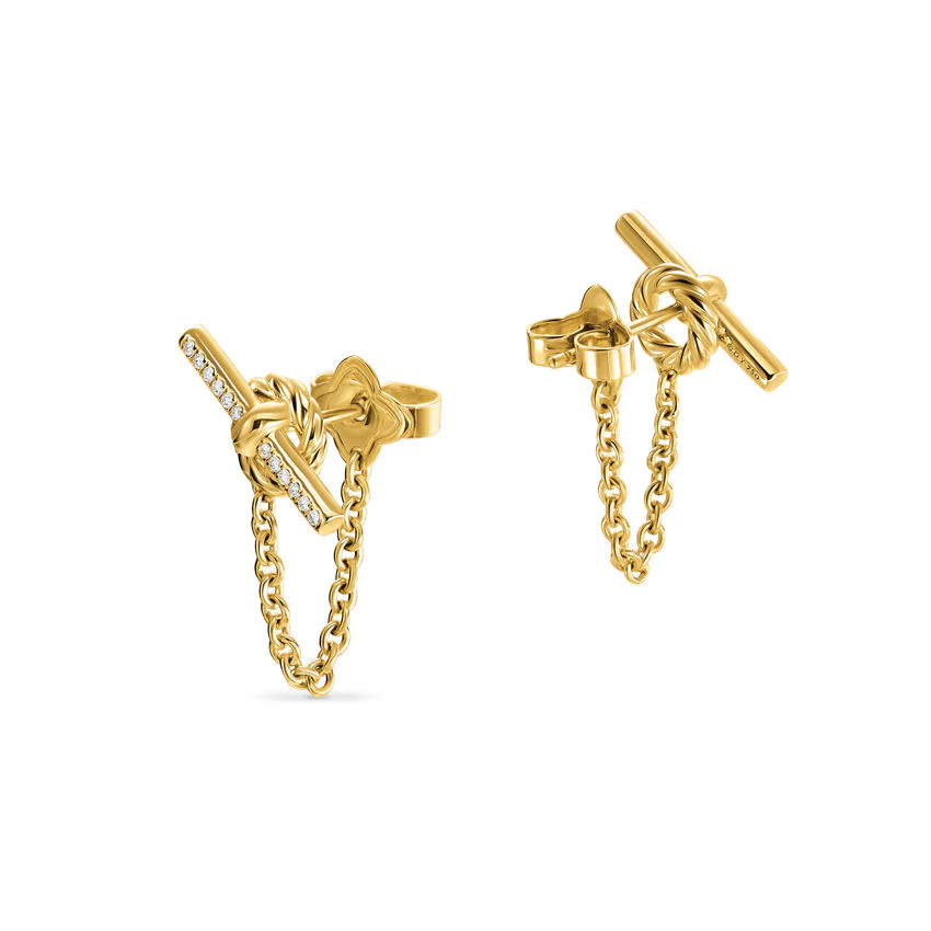 DY Mercer Petite Toggle Stud Earrings in 18K Yellow Gold with Diamonds, 38.2mm - Image 2