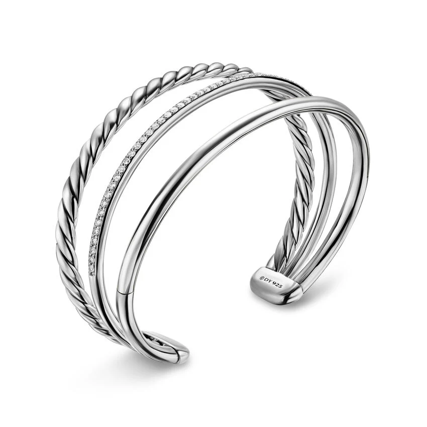 DY Mercer Three Row Cuff Bracelet in Sterling Silver with Diamonds, 10mm, Size Medium - Image 2