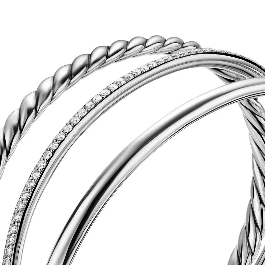 DY Mercer Three Row Cuff Bracelet in Sterling Silver with Diamonds, 10mm, Size Medium - Image 3