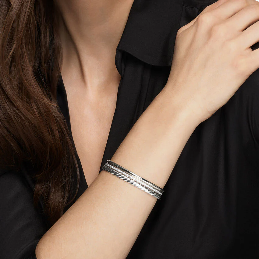 DY Mercer Three Row Cuff Bracelet in Sterling Silver with Diamonds, 10mm, Size Medium - Image 4