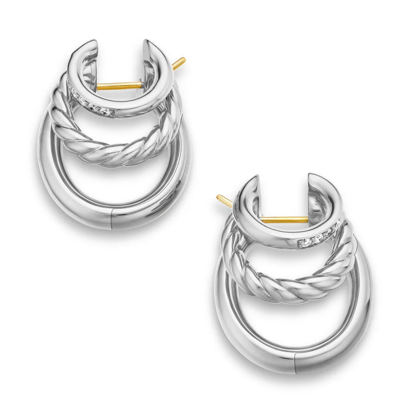 DY Mercer Three Row Hoop Earrings in Sterling Silver with Diamonds, 21mm - Image 2