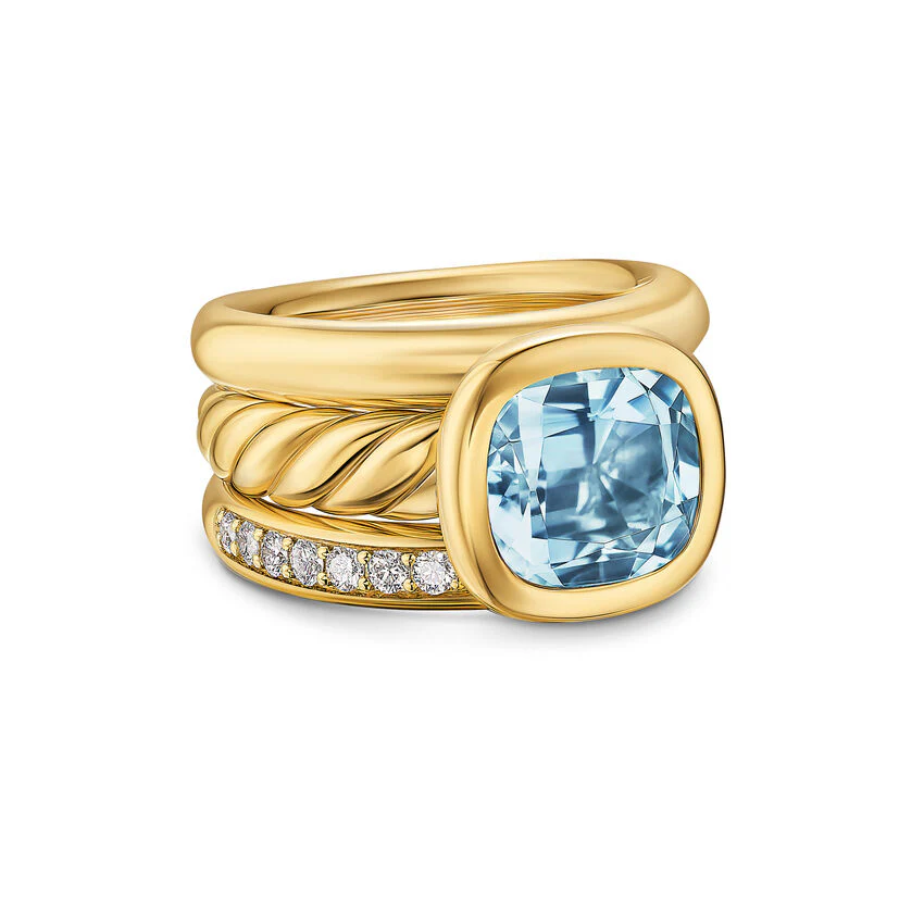 DY Mercer Three Row Stone Ring in 18K Yellow Gold with Sky Blue Topaz and Diamonds, 12mm, Size 7