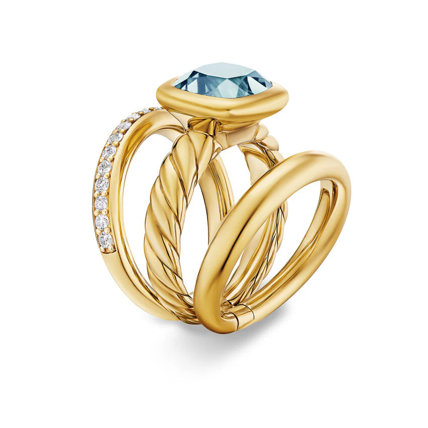 DY Mercer Three Row Stone Ring in 18K Yellow Gold with Sky Blue Topaz and Diamonds, 12mm, Size 7 - Image 2