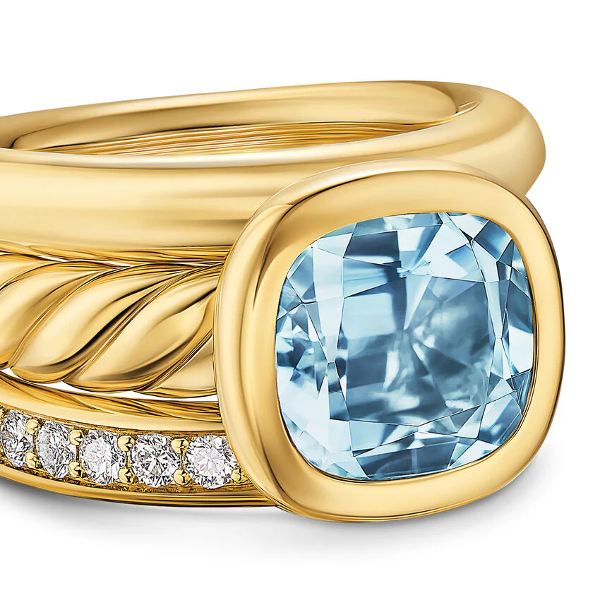 DY Mercer Three Row Stone Ring in 18K Yellow Gold with Sky Blue Topaz and Diamonds, 12mm, Size 7 - Image 3