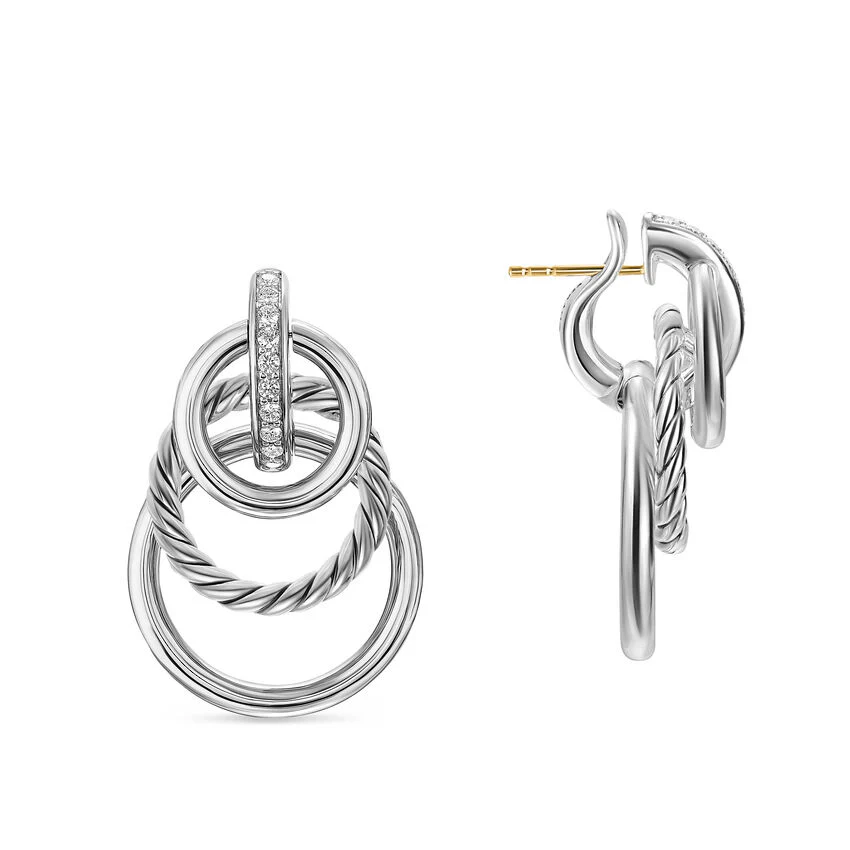 DY Mercer Triple Ring Drop Earrings in Sterling Silver with Diamonds, 35.6mm - Image 3