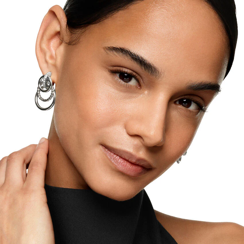 DY Mercer Triple Ring Drop Earrings in Sterling Silver with Diamonds, 35.6mm - Image 5