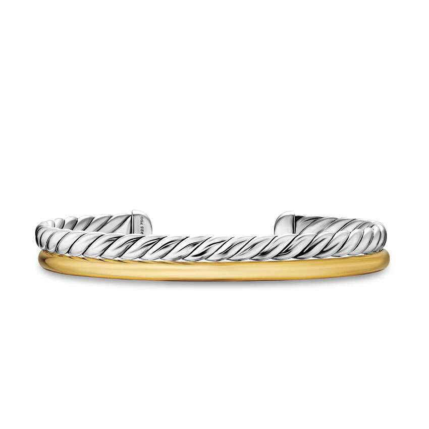 DY Mercer Two Row Cuff Bracelet in Sterling Silver with 18K Yellow Gold, 8mm, Size Medium