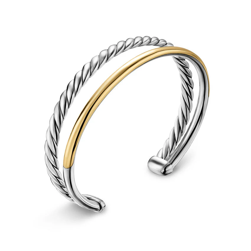 DY Mercer Two Row Cuff Bracelet in Sterling Silver with 18K Yellow Gold, 8mm, Size Medium - Image 2