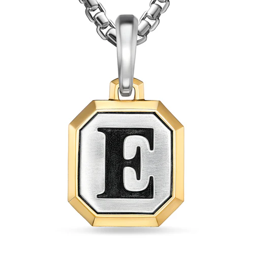 E Initial Amulet in Sterling Silver with 14K Yellow Gold, 17mm - Image 4