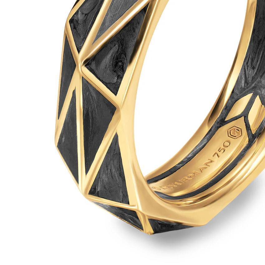 Faceted Band Ring in 18K Yellow Gold with Forged Carbon, 6.2mm, Size 9 - Image 2