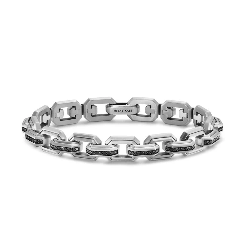 Faceted Flat Link Bracelet in Sterling Silver with Black Diamonds, 11mm, Size Medium