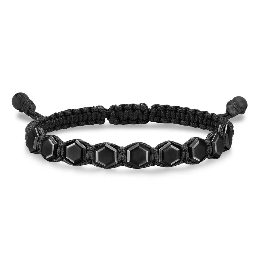Faceted Woven Bracelet in Black Titanium with Black Nylon and Black Onyx, 8mm, Size Medium