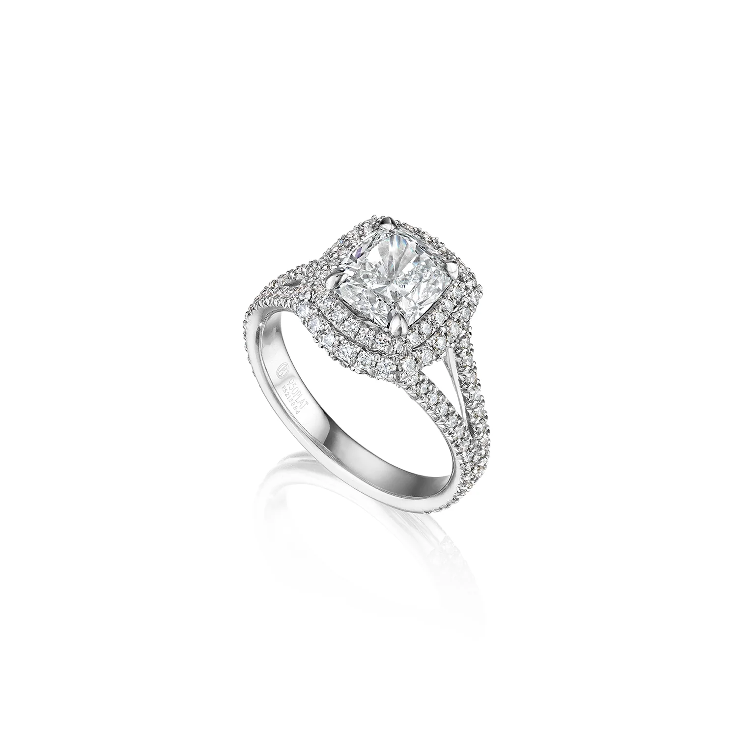 Fink's Exclusive Platinum Cushion Cut Diamond Double Halo and Split Shank Engagement Ring - Image 2