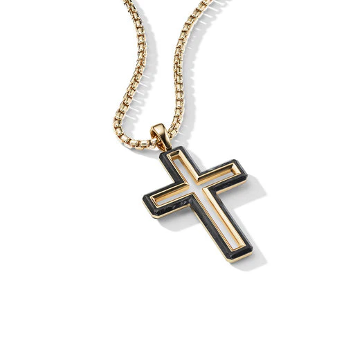 Forged Carbon Cross Pendant with 18K Yellow Gold, 37mm - Image 3