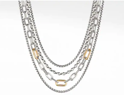Four Row Mixed Chain Bib Necklace with 18K Yellow Gold