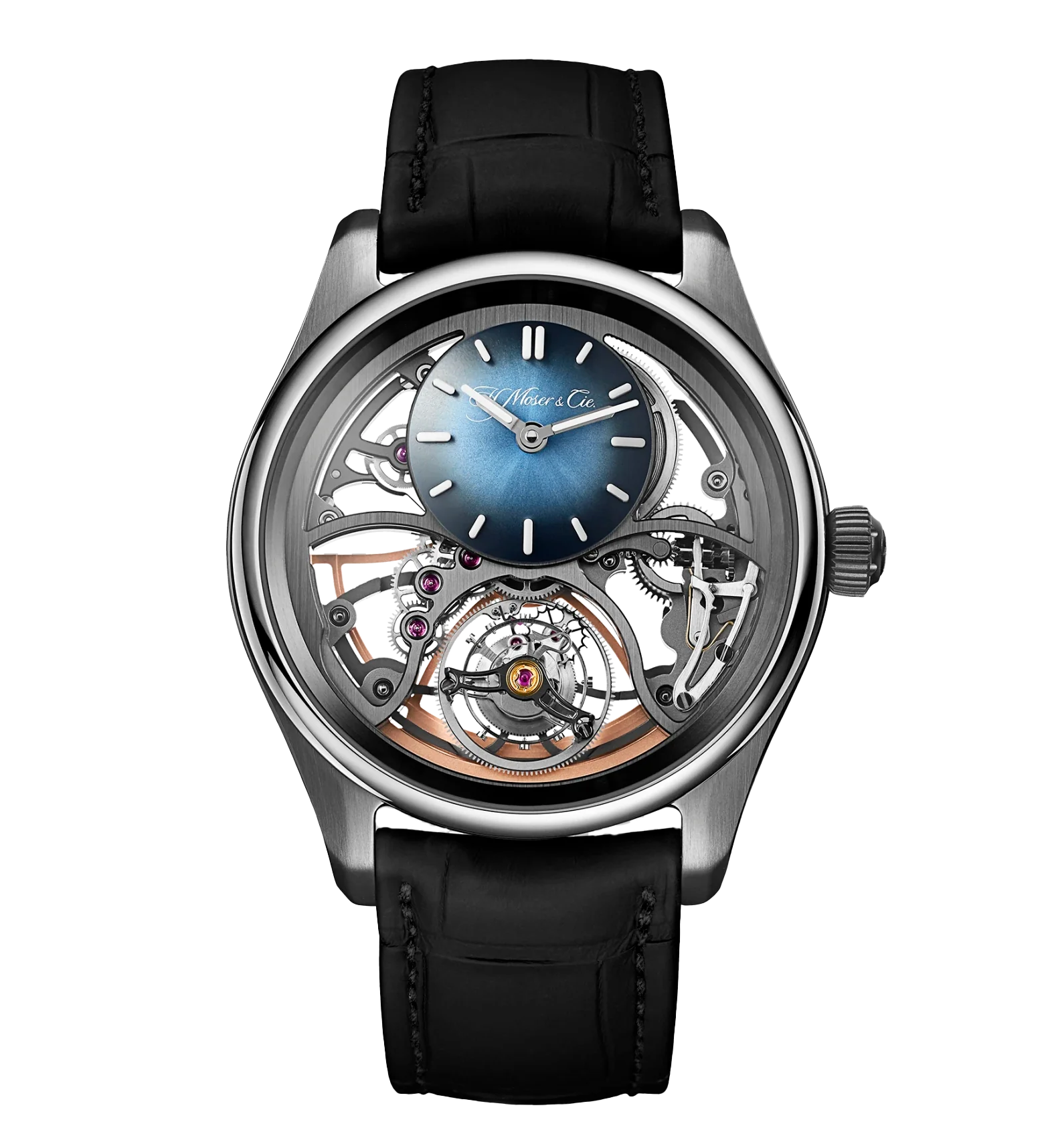 H. Moser & Cie. Pioneer Cylindrical Tourbillon Skeleton, 43mm with Leather Strap