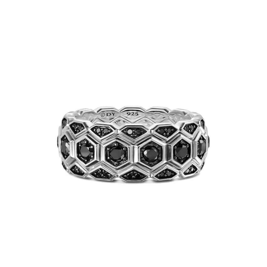 Hex Stack Ring in Sterling Silver with Black Diamonds, 9.3mm, Size 10