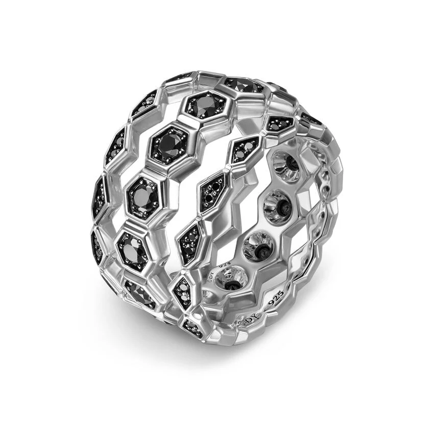 Hex Stack Ring in Sterling Silver with Black Diamonds, 9.3mm, Size 10 - Image 2