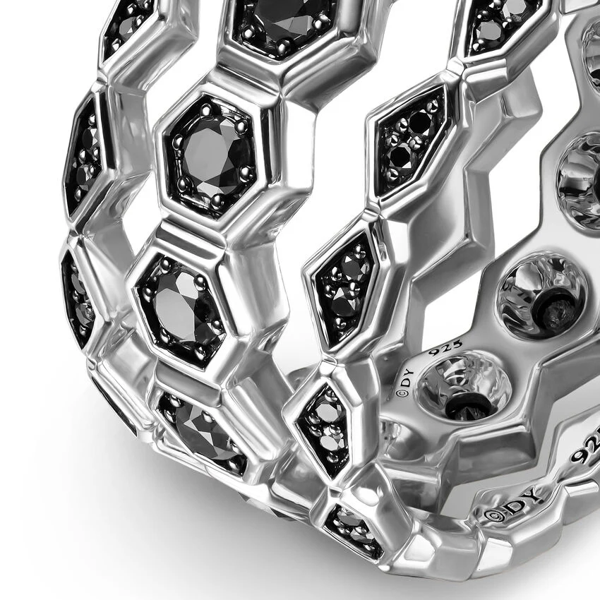 Hex Stack Ring in Sterling Silver with Black Diamonds, 9.3mm, Size 10 - Image 3