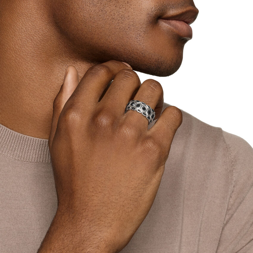 Hex Stack Ring in Sterling Silver with Black Diamonds, 9.3mm, Size 10 - Image 4