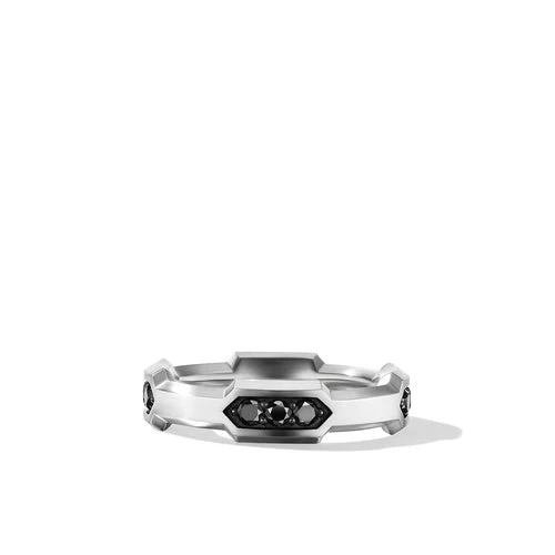 Hex Station Band Ring with Pavé Black Diamonds, Size 11