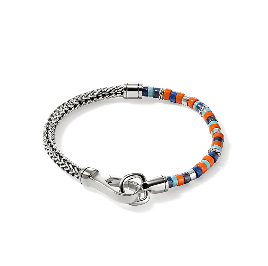 John Hardy Heishi Silver Lapis Lazuli, Turquoise, and Orange Enamel Bracelet