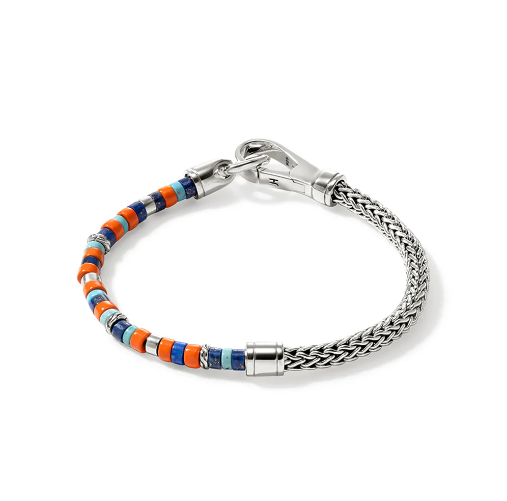 John Hardy Heishi Silver Lapis Lazuli, Turquoise, and Orange Enamel Bracelet - Image 2
