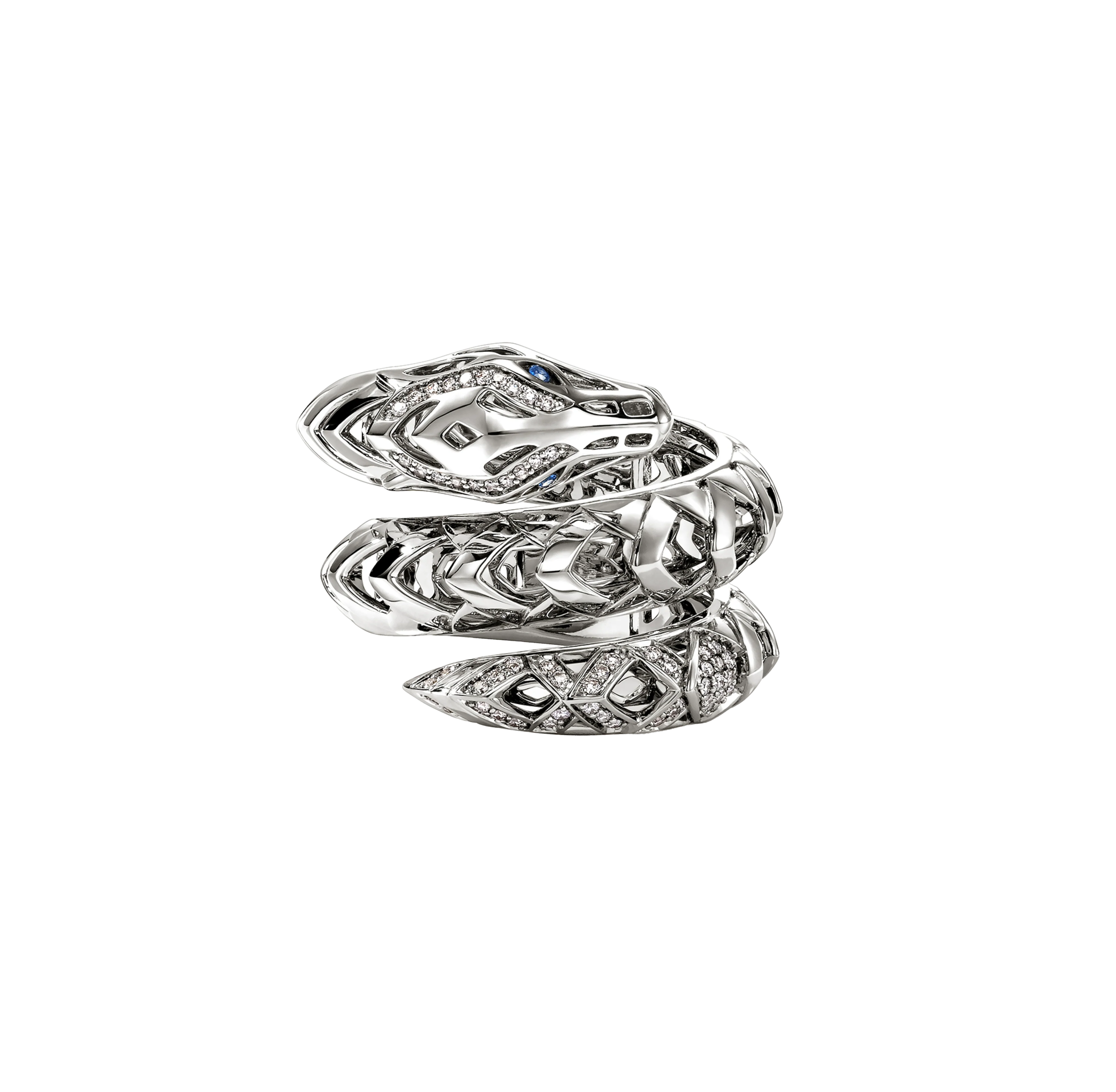 John Hardy Naga Dragon Coil Ring with Blue Sapphire Eyes and Diamonds