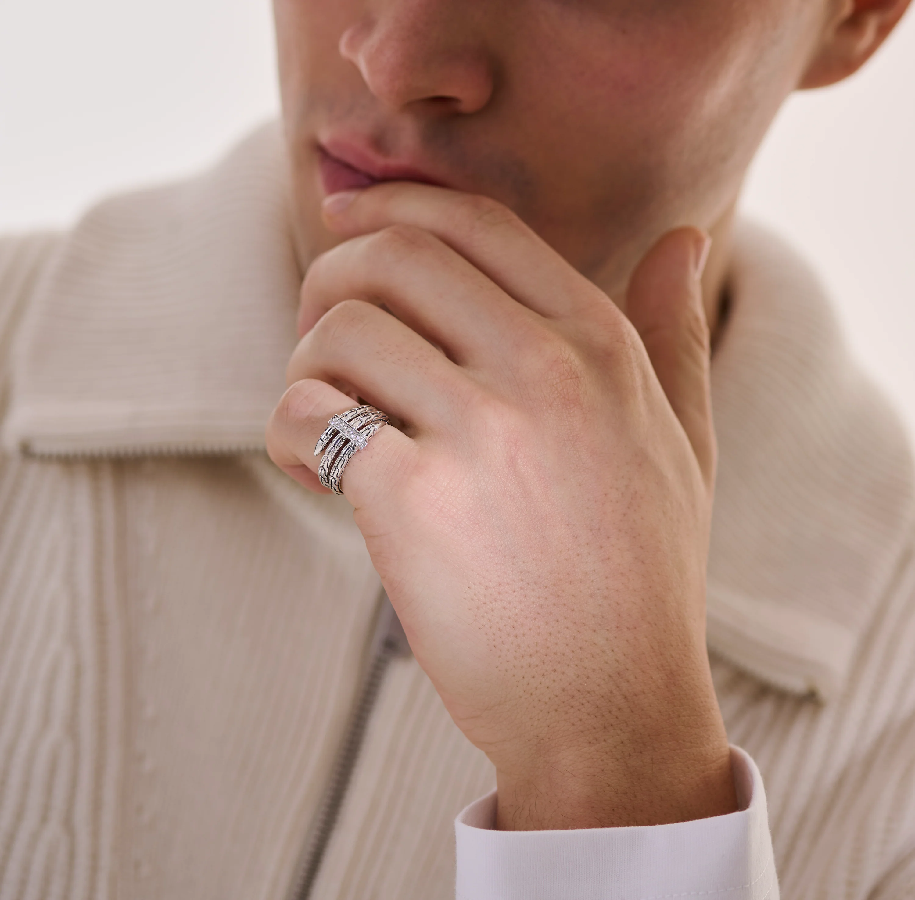 John Hardy Spear Sterling Silver Pave Diamond Double Coil Ring - Image 5