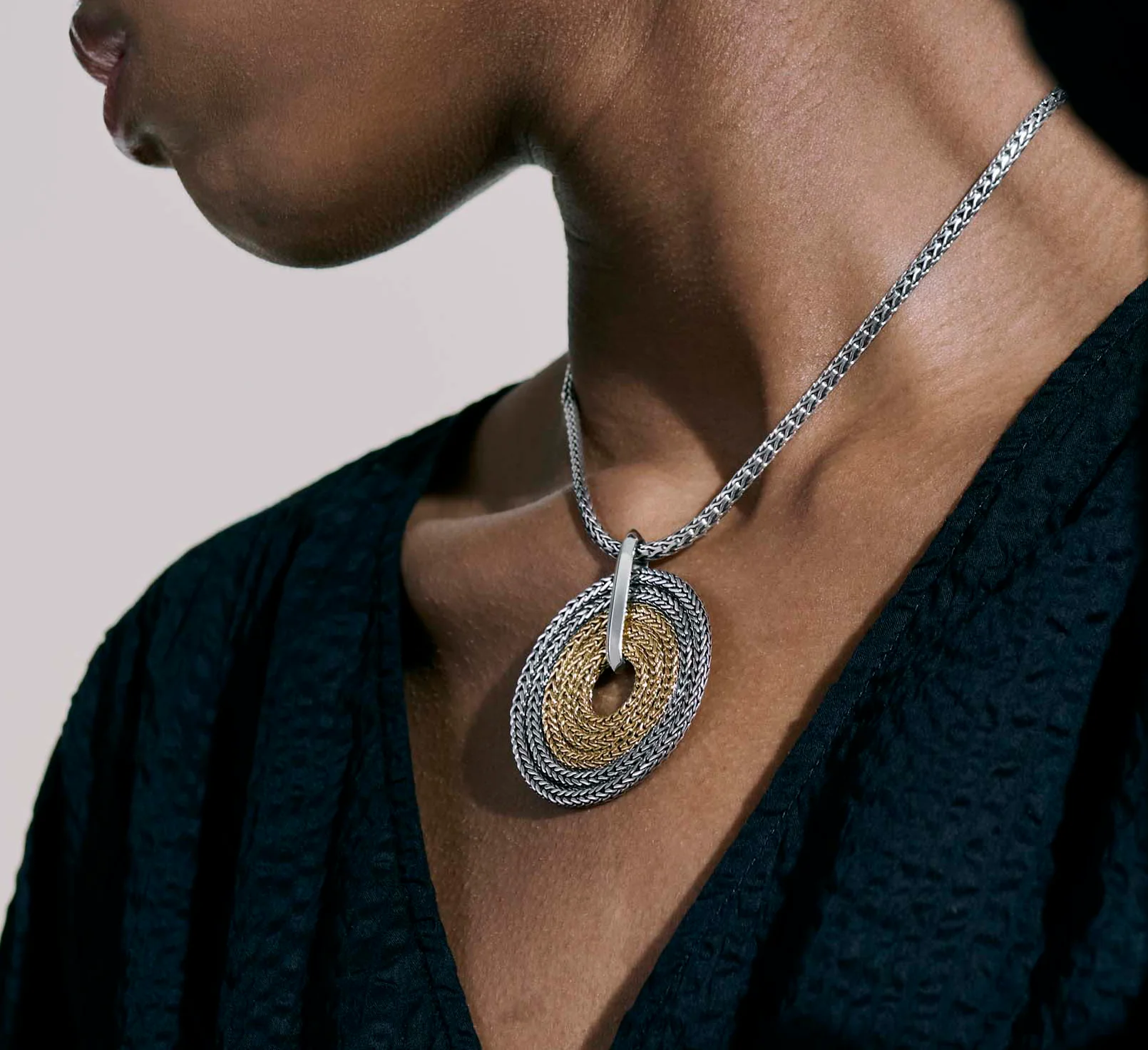 John Hardy Yellow Gold and Sterling Silver Round Pendant Slim Chain Necklace - Image 4