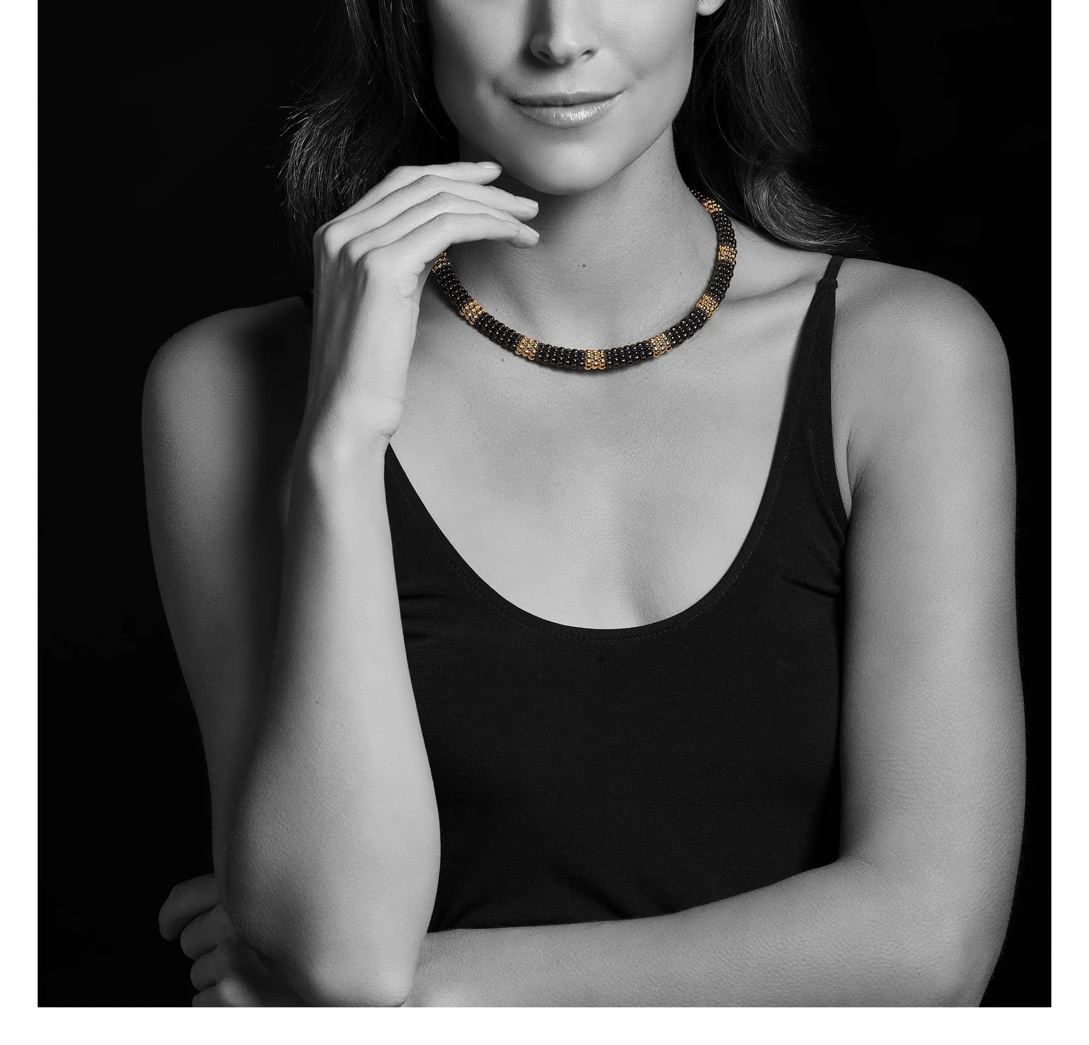 LAGOS Black Caviar 18K Gold Small Station Ceramic Beaded Necklace, 9mm - Image 3