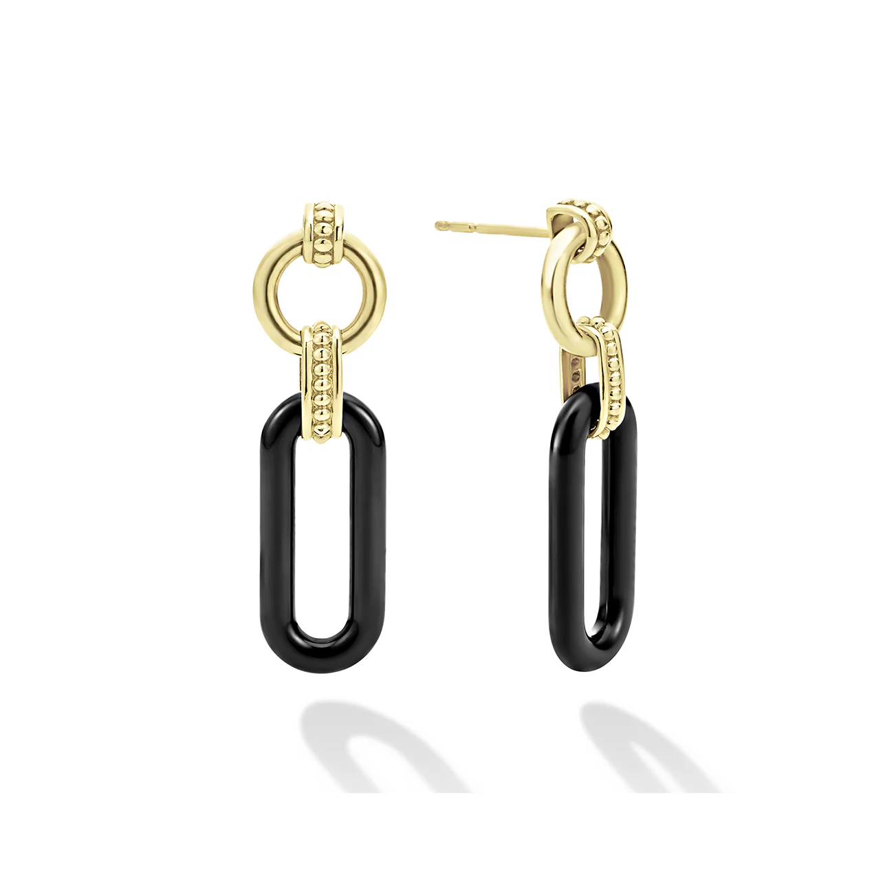 LAGOS Signature Caviar 18K Gold and Black Ceramic Link Drop Earrings - Image 2