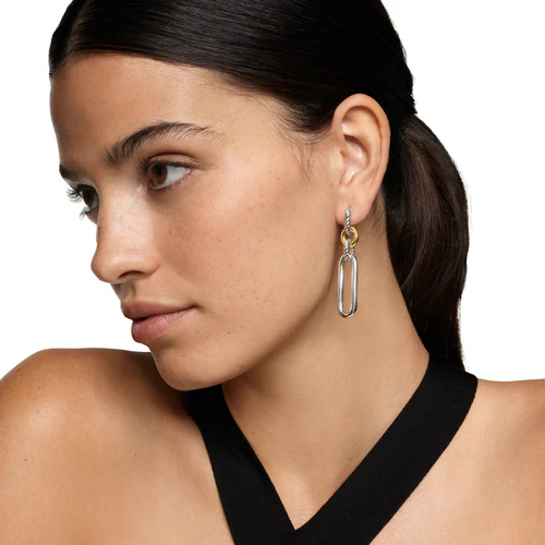 Lexington Double Link Drop Earrings in Sterling Silver with 18K Yellow Gold, 54mm - Image 4