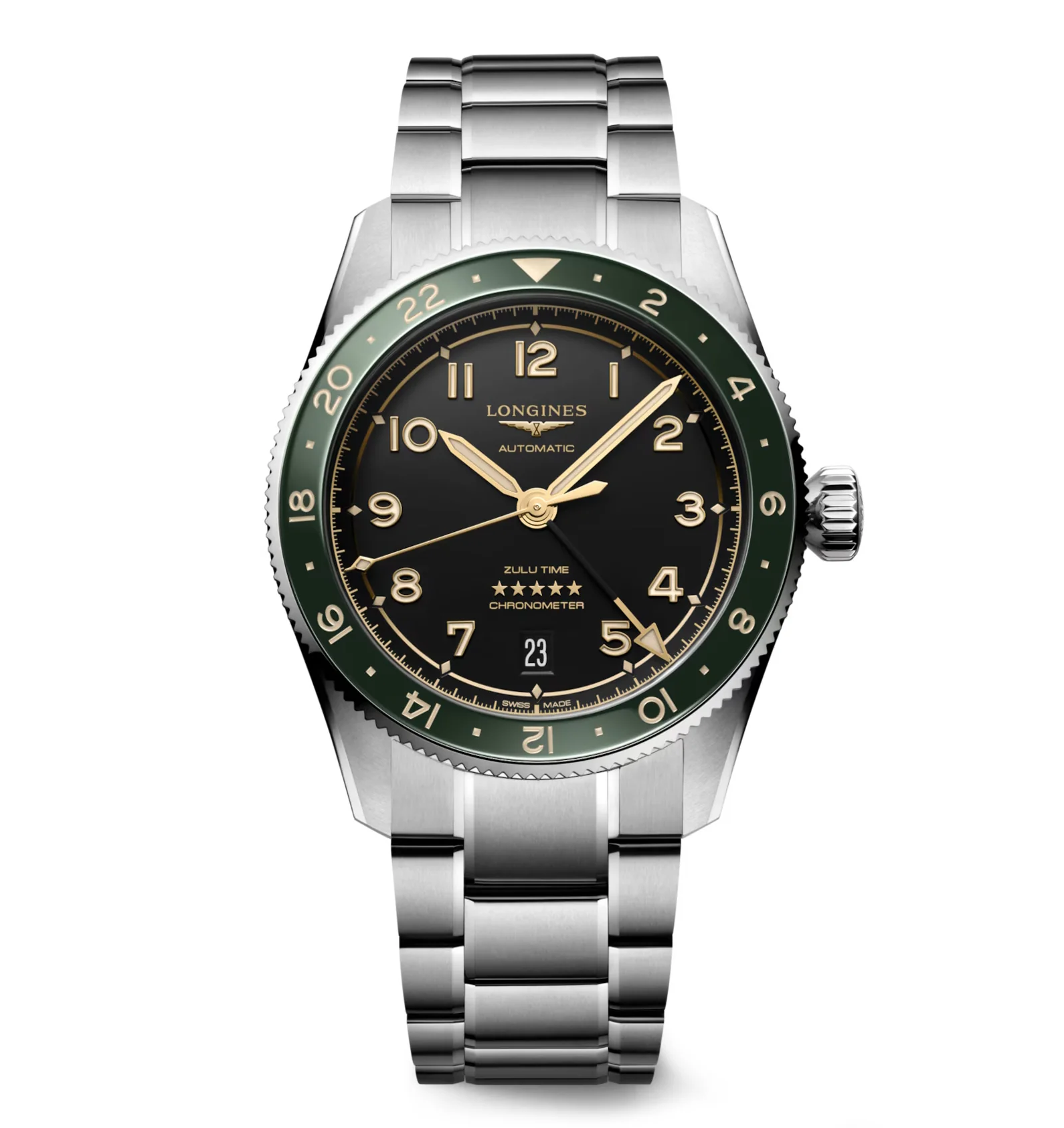 Longines Spirit Zulu Time 39mm Watch with Green Bezel