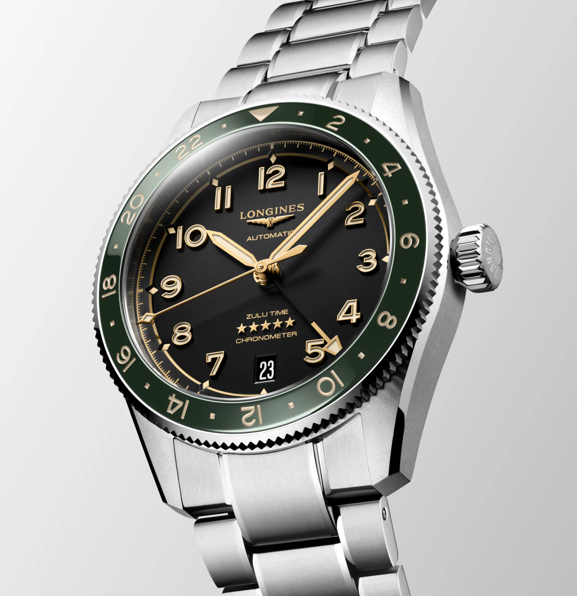 Longines Spirit Zulu Time 39mm Watch with Green Bezel - Image 2