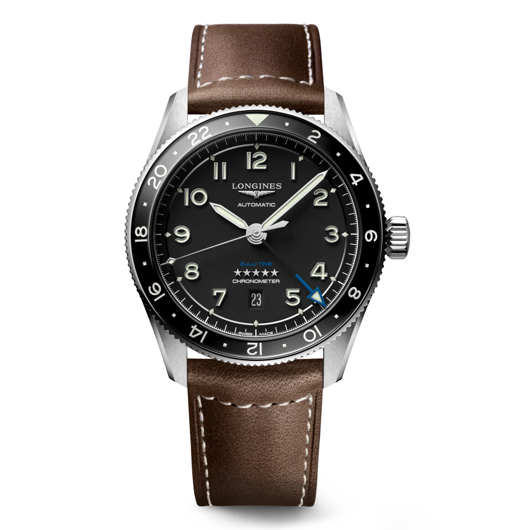 Longines Spirit Zulu Time 42mm Watch with Brown Leather Strap