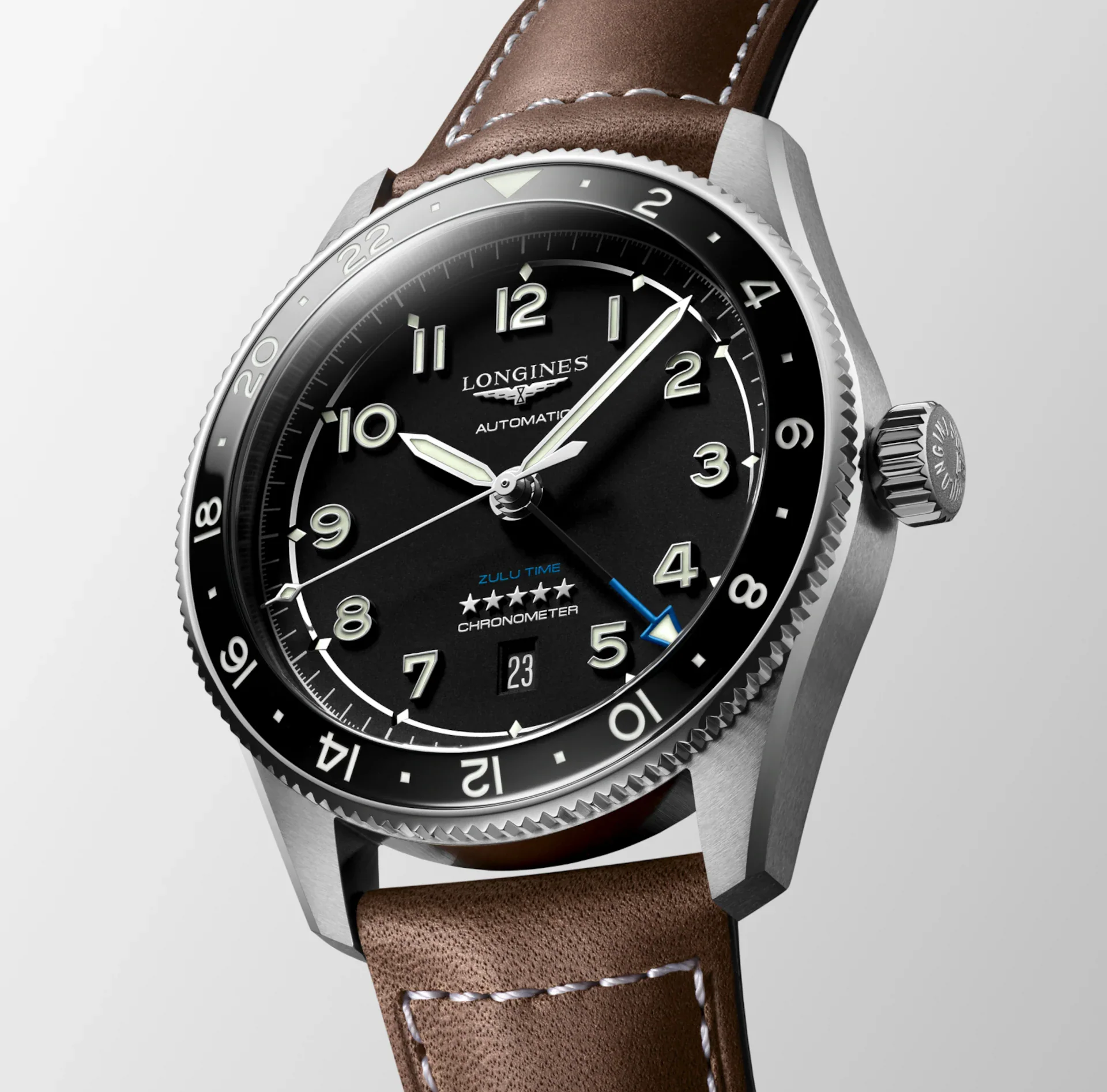 Longines Spirit Zulu Time 42mm Watch with Brown Leather Strap - Image 2