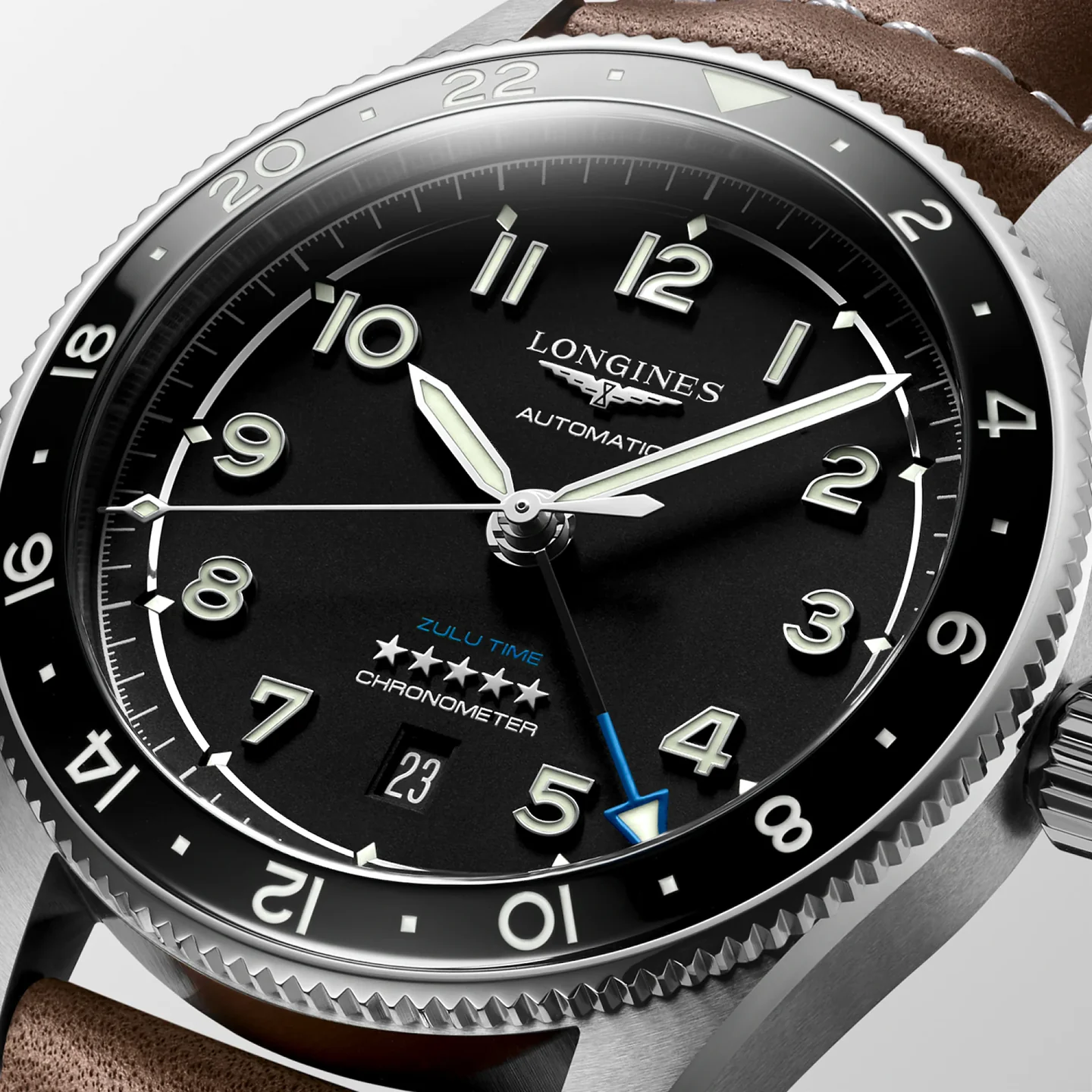 Longines Spirit Zulu Time 42mm Watch with Brown Leather Strap - Image 3