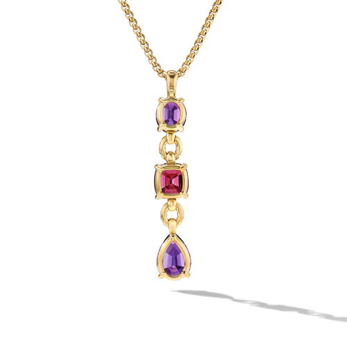 Marbella Y Pendant in 18K Yellow Gold with Amethyst and Rhodolite Garnet, 57.8mm - Image 2
